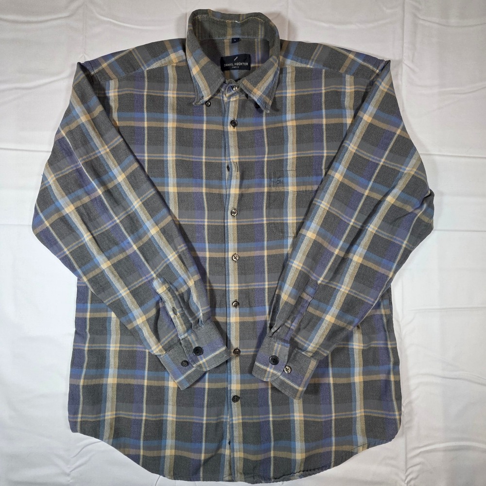 Daniel Hechter Paris Mens Grey Blue Plaid Herringbone Button Down Shirt Large